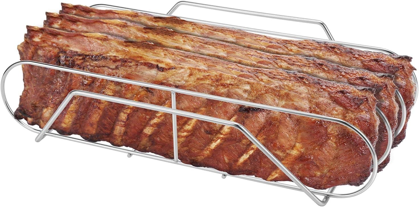 Extra Long Stainless Steel Rib Rack for Smoking and Grilling, Holds up to 3 Full Racks of Ribs, Fits 18” or Larger Gas Smoker or Charcoal Grill, Perfect Smoker Accessories Gifts for Men | Holds up to 3 Full Racks of Ribs, Fits 18” or Larger Gas Smoker or Charcoal Grill, Perfect Smoker Accessories Gifts for Men