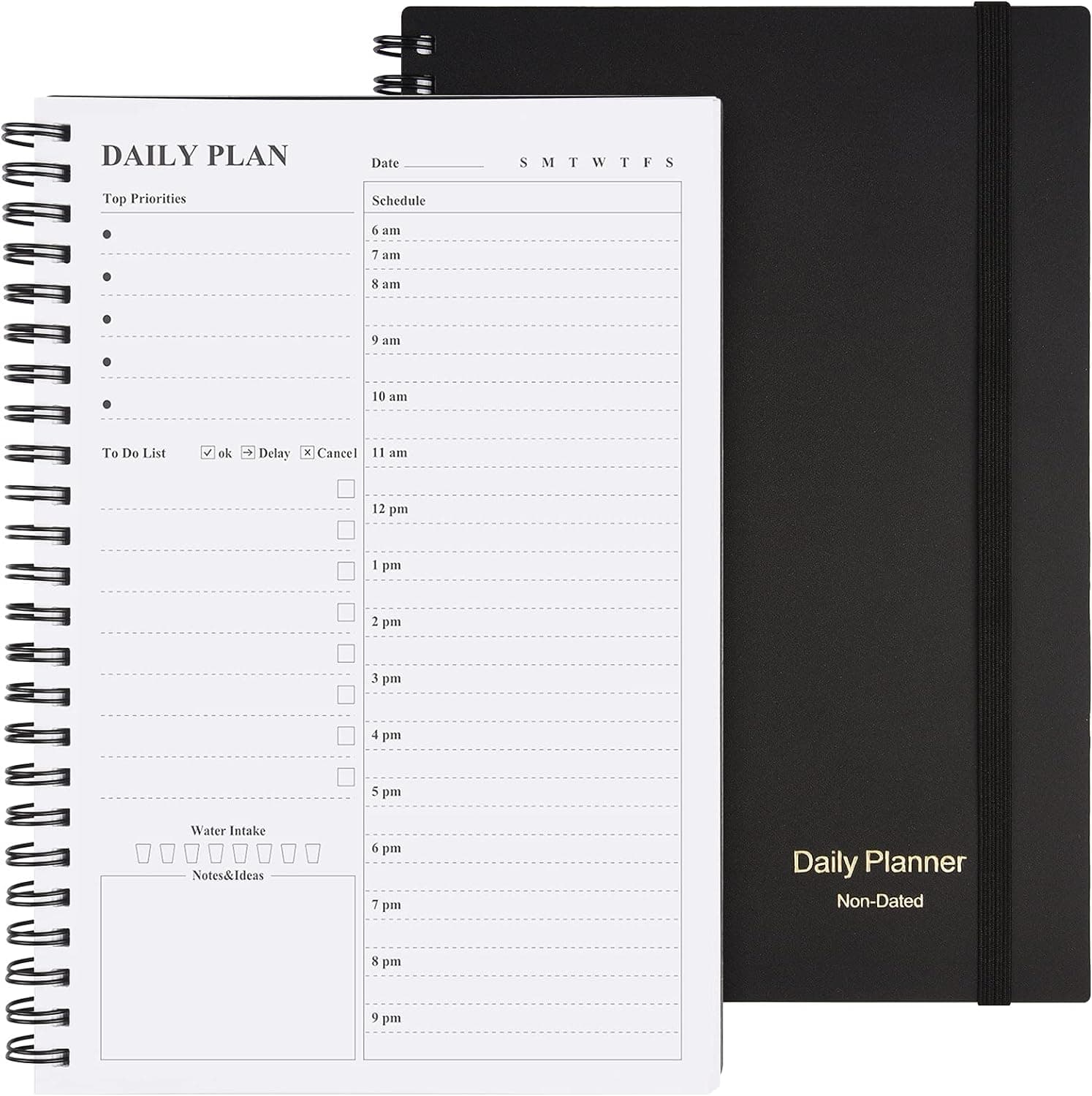 Planificador diario sin fecha: Planificadores diarios para cuadernos con lista de tareas pendientes de Asten (A5, negro) | Planificador horario en espiral, agenda de citas para hombres y mujeres, tapa dura de PVC, cierre elástico, bolsillo interior de 8,3 "x 5,8"