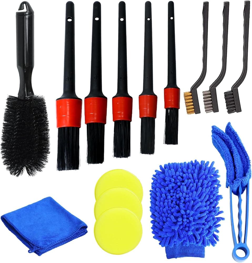 Kit de limpieza de coche de 15 piezas, juego de cepillos de lavado para detalles de coche, juego de limpieza de lavado exterior interior para coche, motocicleta, ruedas de bicicleta, motor, emblemas, rejillas de ventilación, salpicadero, cuero