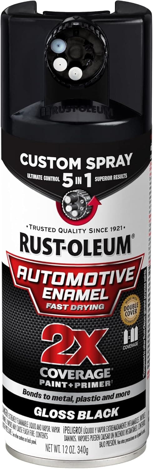 Rust-Oleum 2X Pintura en aerosol esmaltada para automóviles 5 en 1, negro brillante | Secado rápido, dial de pulverización personalizado ajustable, múltiples superficies (metal, madera, plástico y más), cualquier ángulo, máxima cobertura