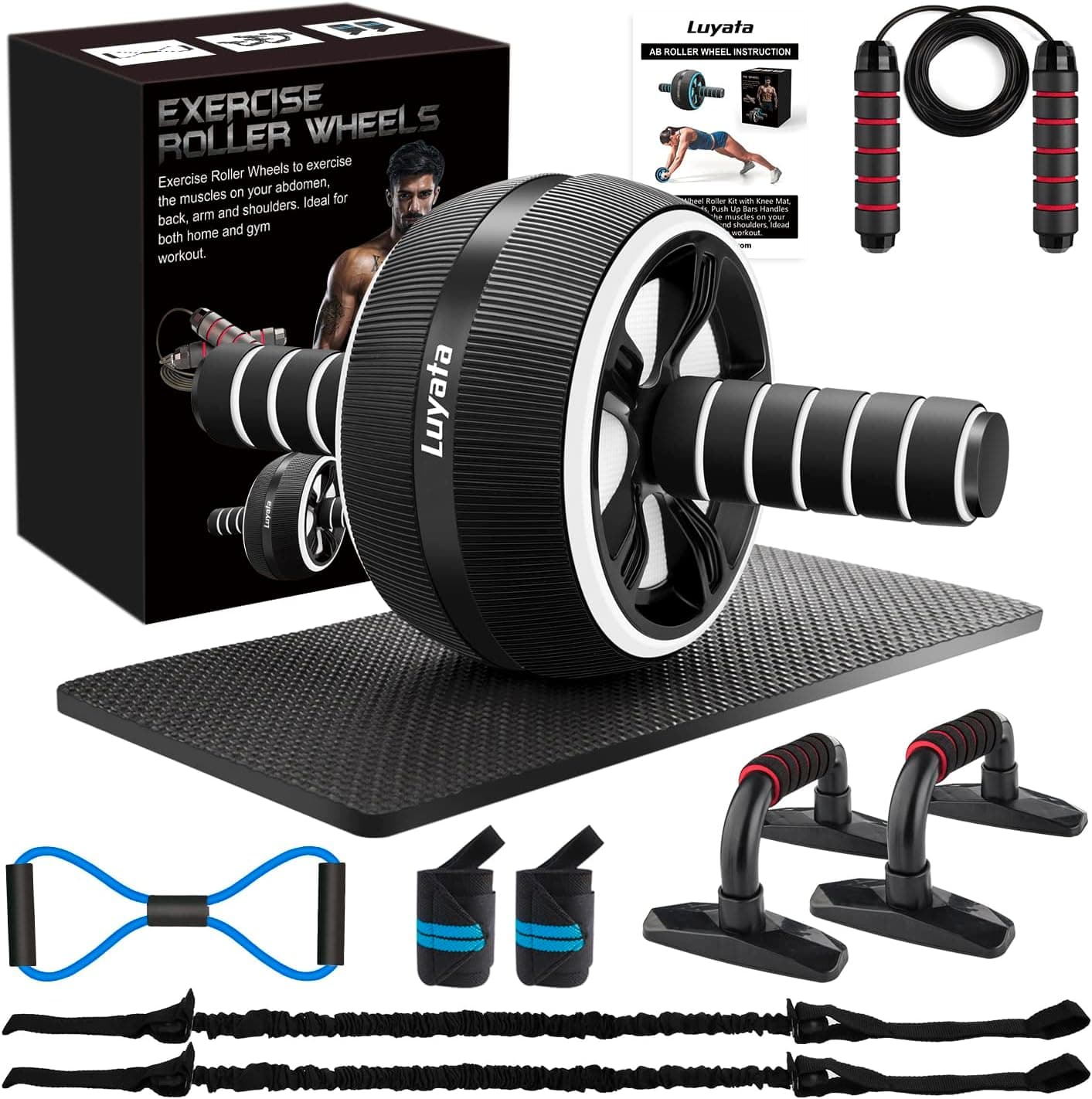 Rueda de rodillo para abdominales, kit de ruedas de ejercicio para abdominales 10 en 1 con bandas de resistencia, tapete para rodillas, cuerda para saltar, barra de flexión - Equipo de gimnasio en casa para hombres y mujeres Fuerza central y ejercicio abdominal