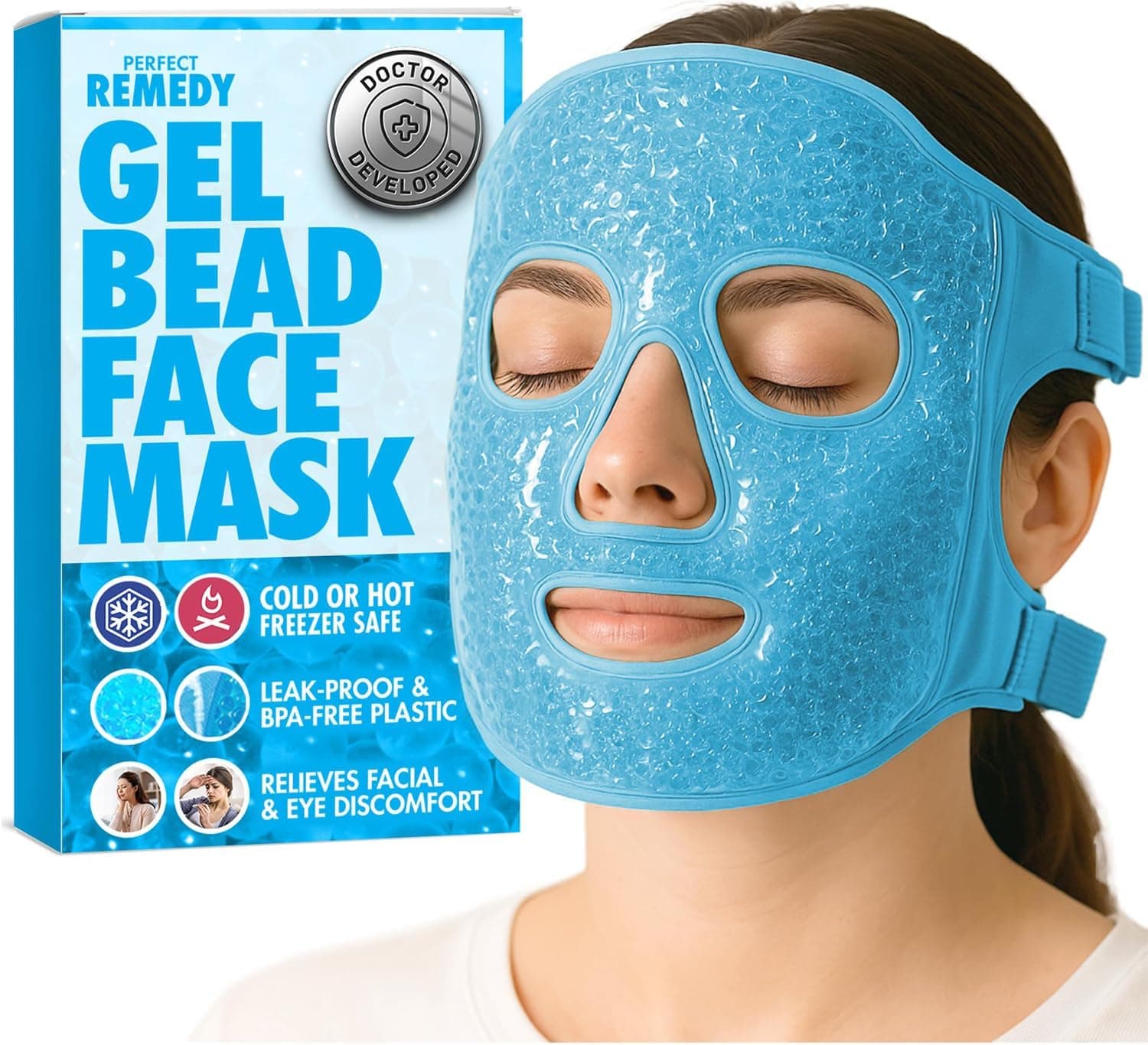 Paquete de hielo facial, mascarilla facial reutilizable de hielo frío y caliente, compresa de gel para ayudar con los ojos hinchados y ayudar en condiciones de hinchazón, mascarilla facial de enfriamiento de spa para mujeres y hombres (azul)