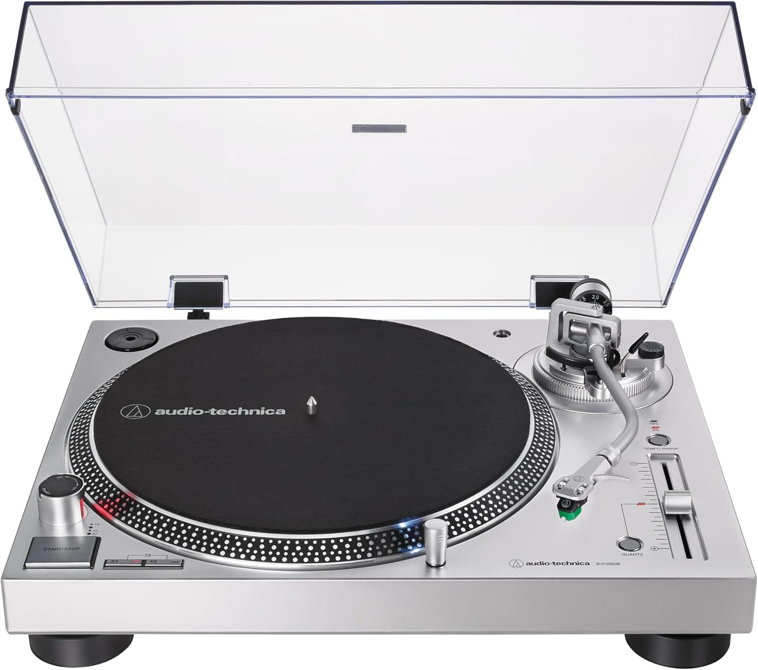 Audio-Technica AT-LP120XUSB-SV Tocadiscos de accionamiento directo (analógico y USB), totalmente manual, Hi-Fi, 3 velocidades, conversión de vinilo a digital, antipatinaje y control de tono variable, plateado