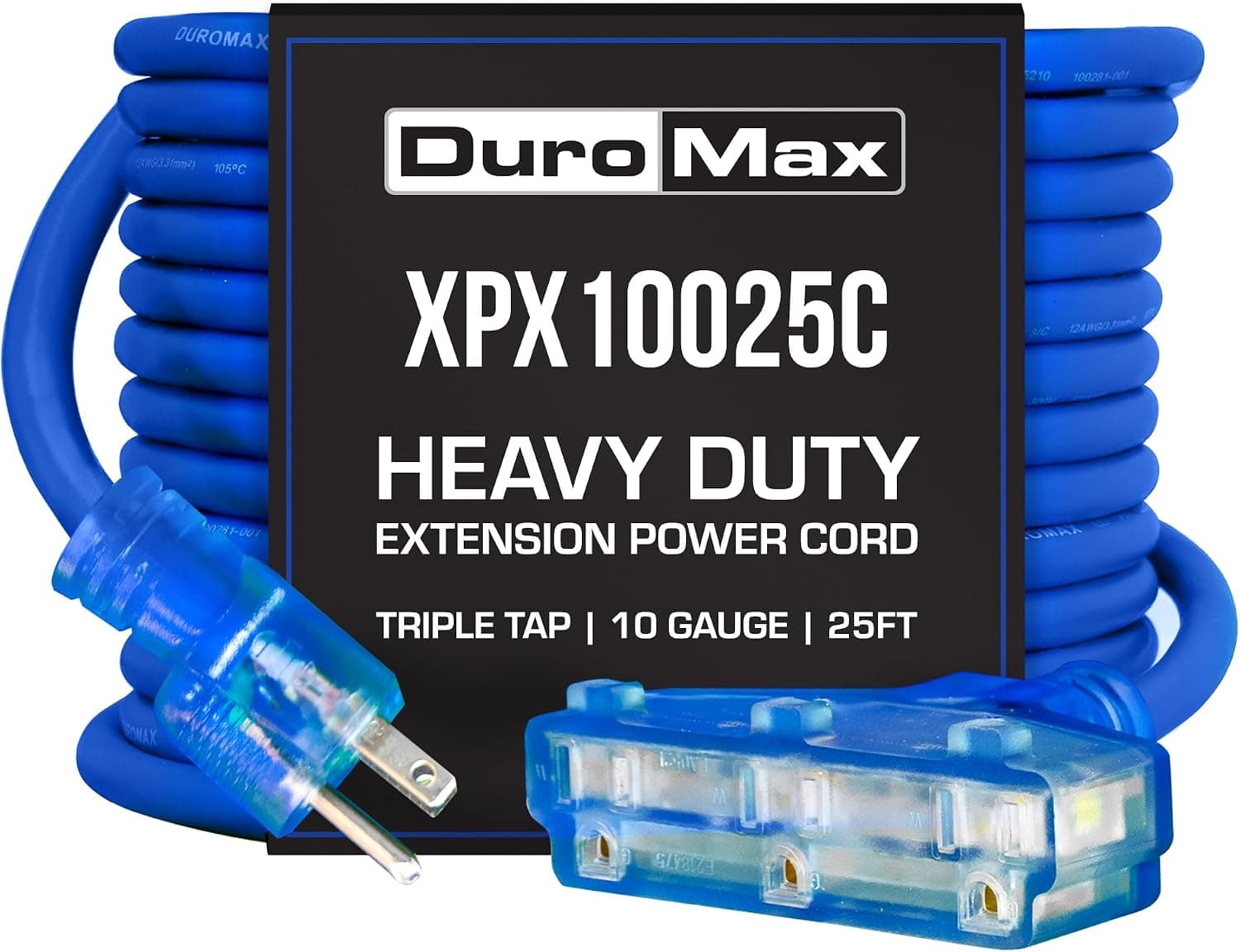 DuroMax XPX10025C Heavy Duty SJEOOW 25-Foot 10 Gauge Blue Triple Tap Lighted Extension Power Cord