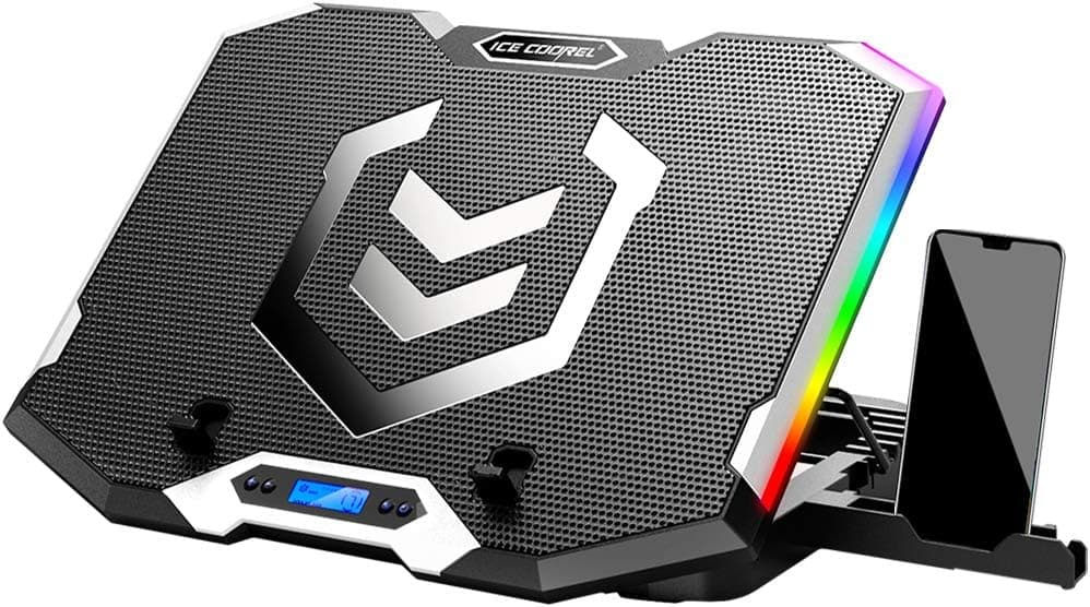 Almohadilla de refrigeración para portátil para juegos de 15 a 17,3 pulgadas, ventilador para portátil con 6 ventiladores de refrigeración RGB, soporte de refrigeración para portátil con 6 alturas ajustables, refrigerador para portátil con pantalla LCD, 2 puertos USB, soporte para teléfono