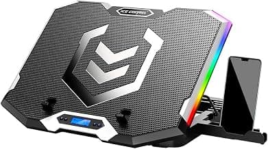Almohadilla de refrigeración para portátil para juegos de 15 a 17,3 pulgadas, ventilador para portátil con 6 ventiladores de refrigeración RGB, soporte de refrigeración para portátil con 6 alturas ajustables, refrigerador para portátil con pantalla LCD, 2 puertos USB, soporte para teléfono