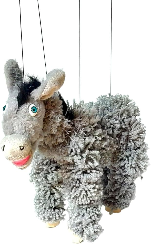 Títere de marioneta de burro de búho artesanal - burro de hilo con pies de madera, cuerdas desmontables