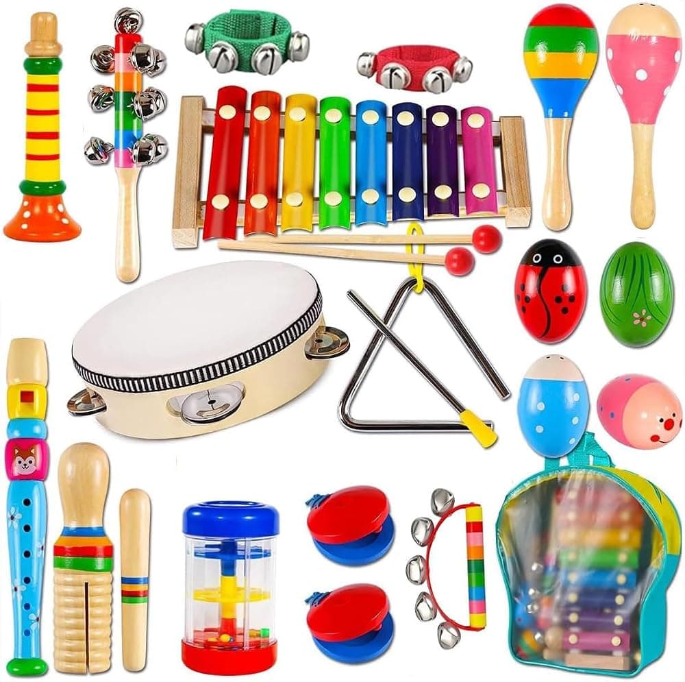 Instrumentos musicales para niños, INLAIER Instrumentos de percusión de madera para niños Tambourine Juguetes de xilófono, Educación preescolar Juguete musical de aprendizaje temprano para niños y niñas de 2 años en adelante con bolsa de almacenamiento