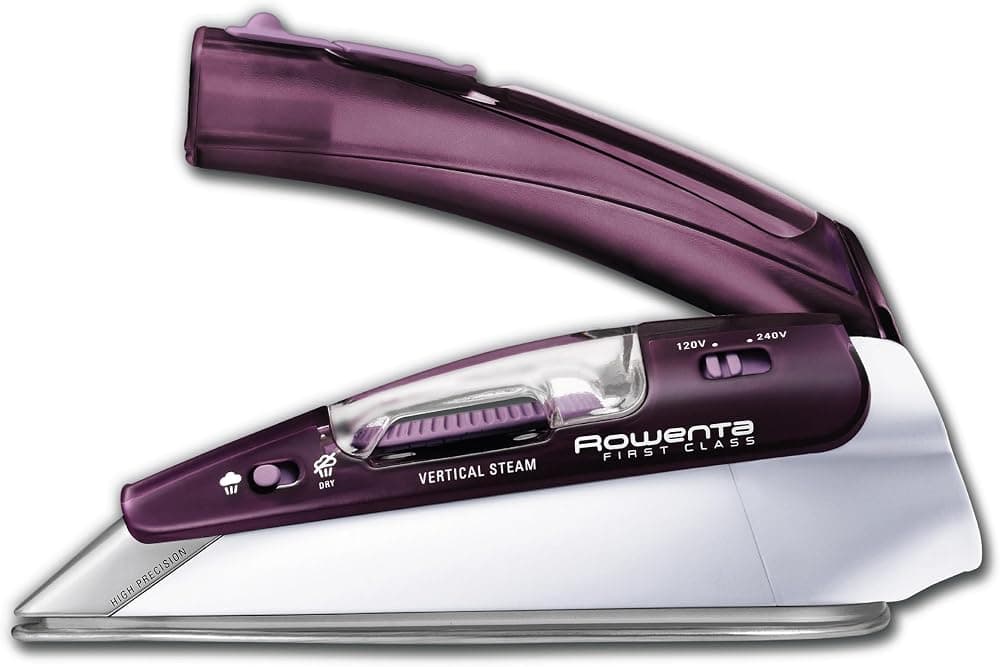 Rowenta Plancha de Viaje, Pro Compact Suela de Acero Inoxidable Plancha a Vapor de Mano para Ropa, 200 Orificios de Microvapor, Planchado de 1000 W, Vaporizador de Telas, Doble Voltaje, Mini Plancha, Púrpura, DA1560