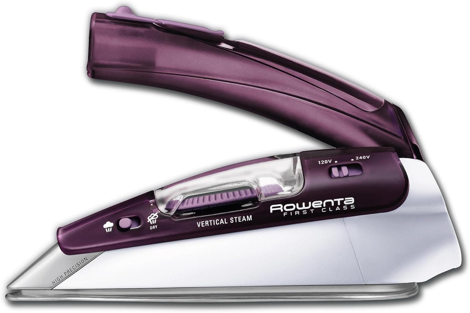 Rowenta Plancha de Viaje, Pro Compact Suela de Acero Inoxidable Plancha a Vapor de Mano para Ropa, 200 Orificios de Microvapor, Planchado de 1000 W, Vaporizador de Telas, Doble Voltaje, Mini Plancha, Púrpura, DA1560