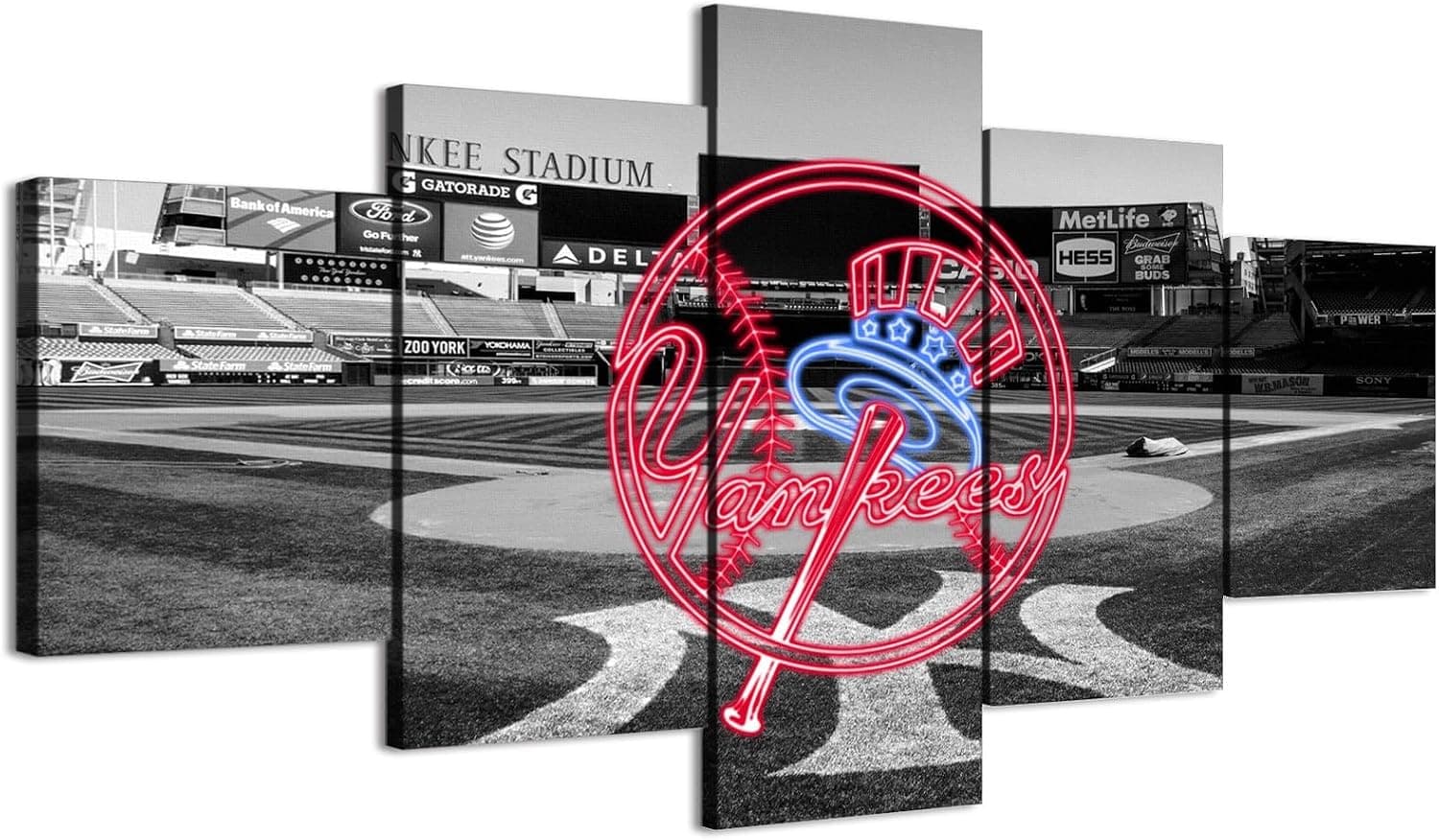 Póster panorámico en blanco y negro con efecto de neón de los Yankees con el estadio de béisbol de Nueva York (impresión en lienzo enmarcado de 5 paneles, tamaño completo: 60 x 100 cm) Decoración del hogar Arte de la pared de la cueva del hombre