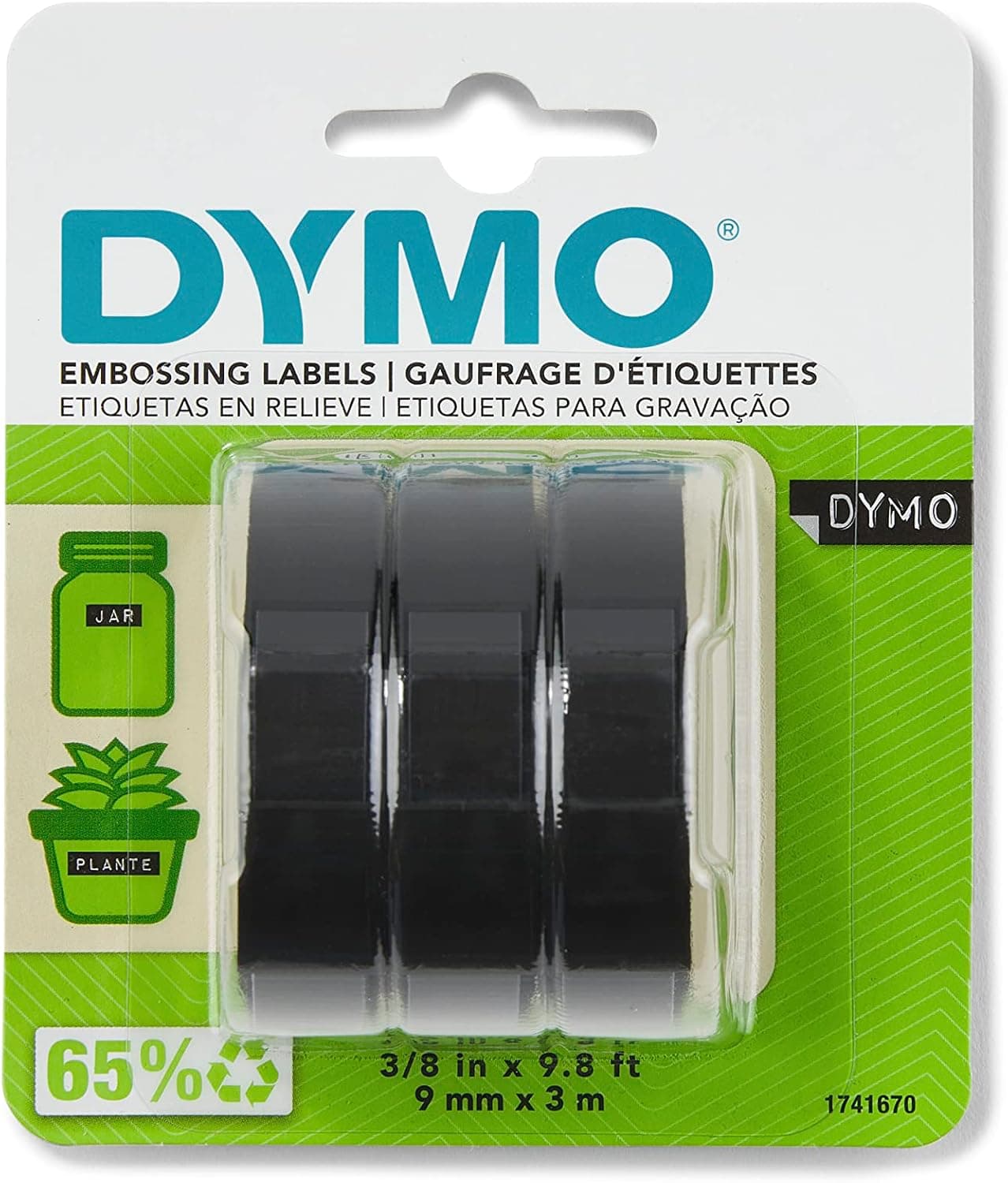 DYMO Self-Adhesive Embossing Labels White Print on Black Tape 3/8-Inch x 9.8-Foot Roll 3 Pack