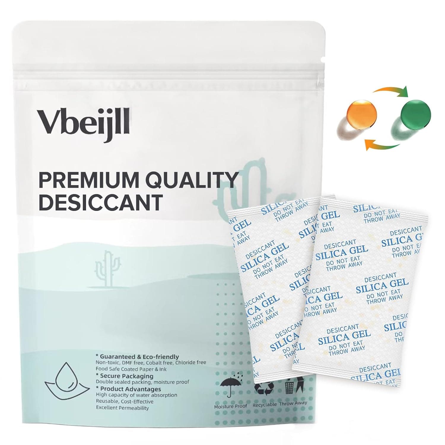 Paquetes de gel de sílice de 5 gramos (paquete de 50), desecante, absorbentes de humedad | Grado alimenticio, indicador de color, recargable, protege el almacenamiento de alimentos, ropa, productos electrónicos, filamentos 3D y cajas fuertes de la humedad