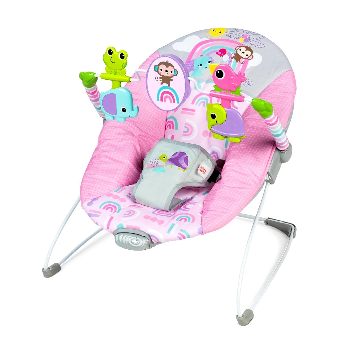 Bright Starts Pink Paradise Hamaca portátil para bebé con asiento vibratorio para bebé y barra de juguetes, peso máximo 20 libras, edad 0-6 meses