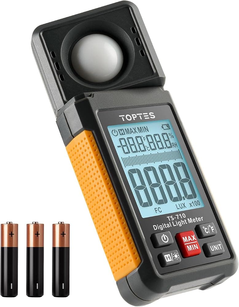 TopTes TS-710 Medidor de Luz, Lux/Velas de Pie con Sensor Giratorio de 180º, Rango 0.1~200,000 Lux, Gran Pantalla Retroiluminada, Medidor de Luz para Plantas, Faros de Auto, LEDs para Hogar y Oficina (Incluye Batería)