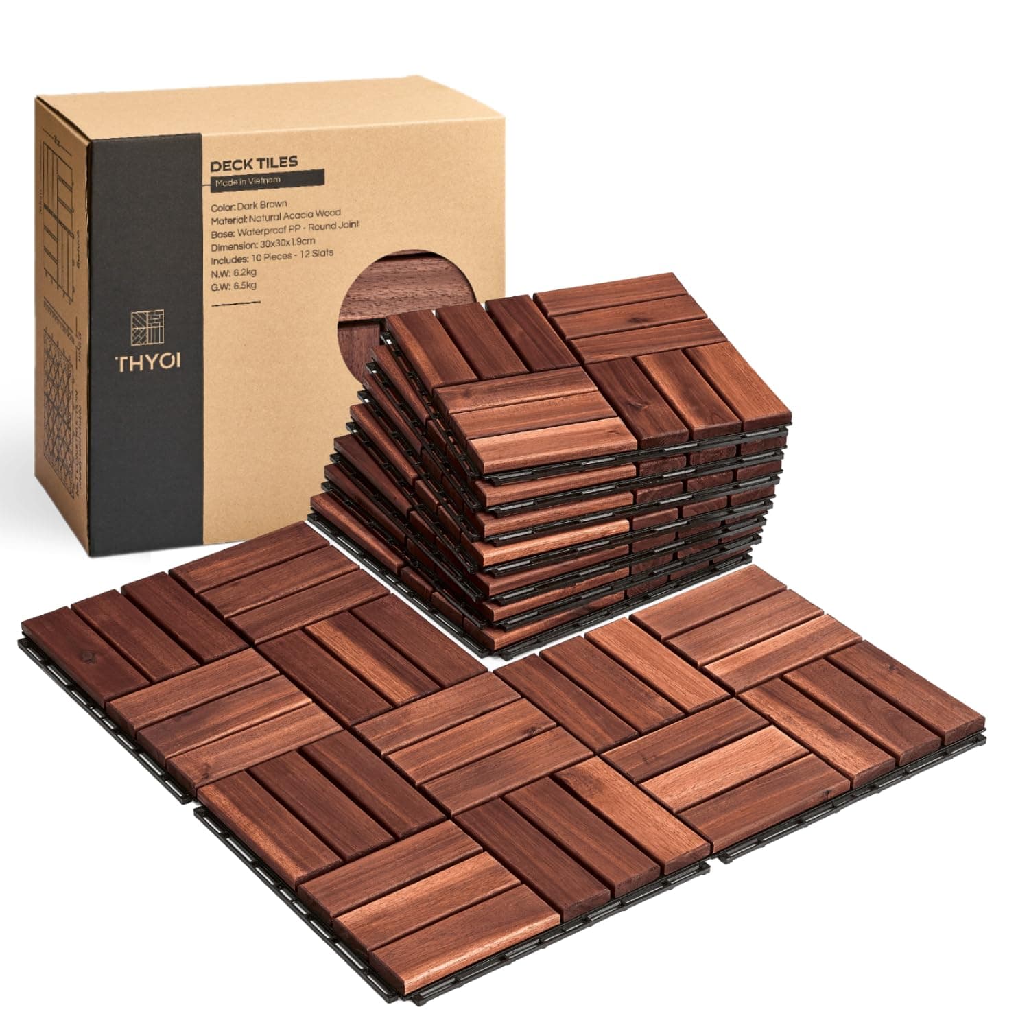 Azulejos de cubierta premium, pisos de patio de 10 piezas - Marrón - Patrón cruzado | Juntas cuadradas - Azulejos de cubierta entrelazados, madera de acacia impermeable de 12"x12" x0.9 "para balcón, patio trasero, interior y exterior