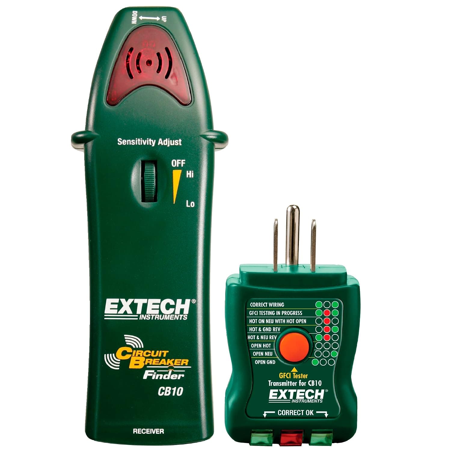 Extech CB10 AC Circuit Breaker Finder and GFCI Receptacle Tester | Locate breakers/fuses live, 110-125VAC, two-pass calibration, GFCI outlet test, 9V, transmitter/receiver
