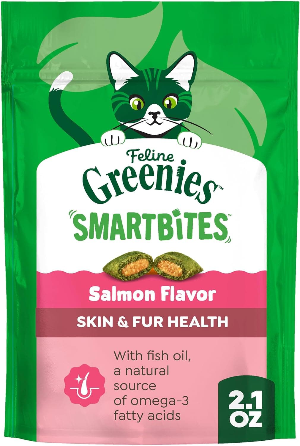 Greenies Feline Smartbites golosinas para la salud de la piel y el pelaje para gatos, salmón, 2.1 oz | Aceite de pescado y linaza, ácidos grasos omega-3, sin sabores artificiales ni conservantes, menos de 2 calorías por golosina, crujiente y suave