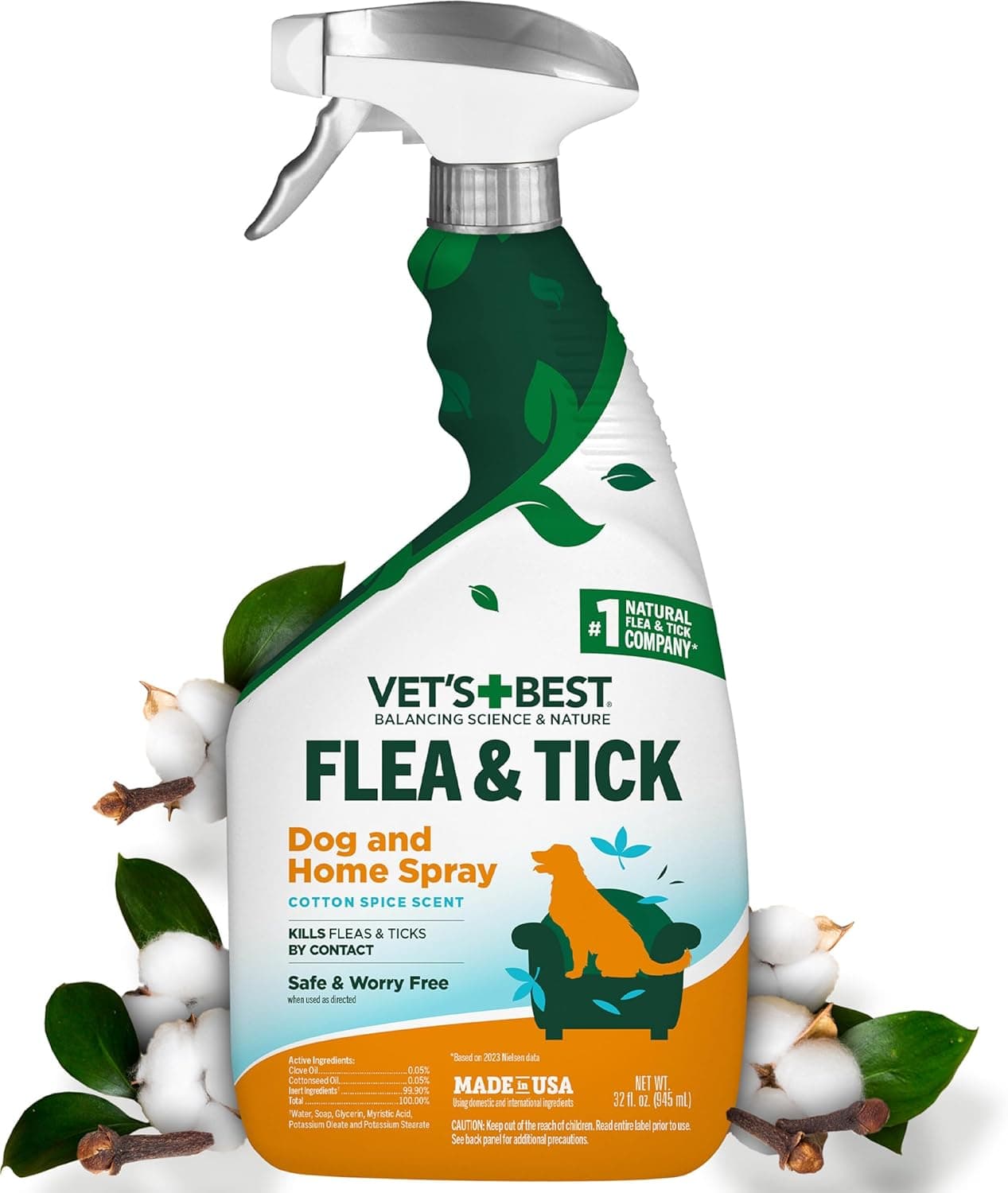 Vet's Best Spray casero para perros contra pulgas y garrapatas, uso en interiores, especias de algodón, 32 oz | Spray para pulgas y garrapatas a base de plantas, aroma a especias de algodón, mata pulgas y garrapatas al contacto, tratamiento para interiores en el hogar, fabricado en EE. UU.