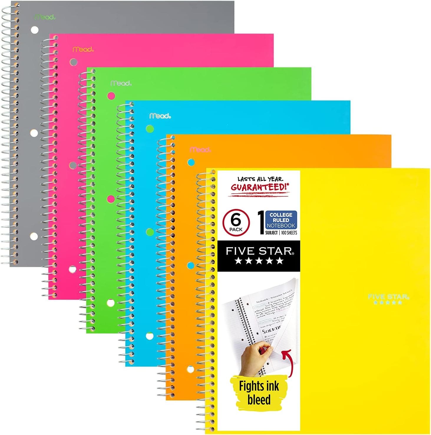 Cuadernos en espiral Five Star, 1 materia, papel con rayas universitarias, 100 hojas, 11 x 8-1/2 pulgadas, colores surtidos, paquete de 6 (38057)