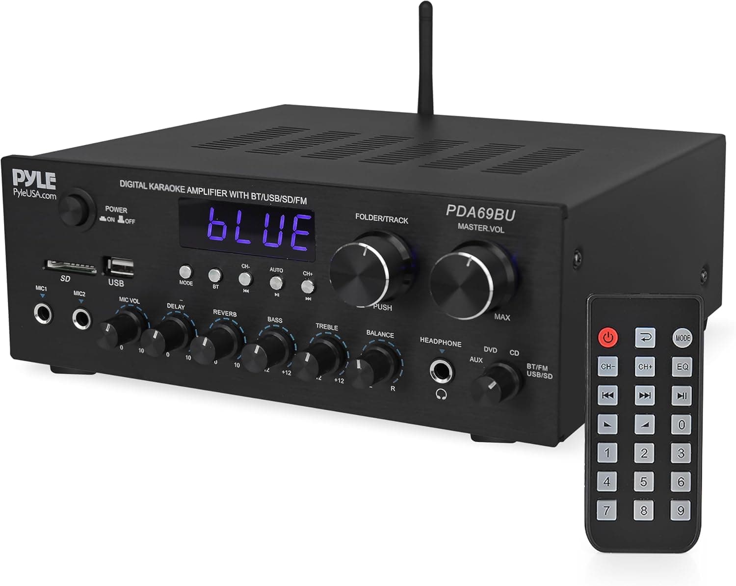 Pyle Home Karaoke amplificador receptor con transmisión Bluetooth, pico de 200 vatios, entradas de micrófono duales con retardo y reverberación, sistema de sonido Hi Fi de 2.0 canales, entrada USB-A con reproductor de MP3, entradas RCA/Aux - PDA69BU