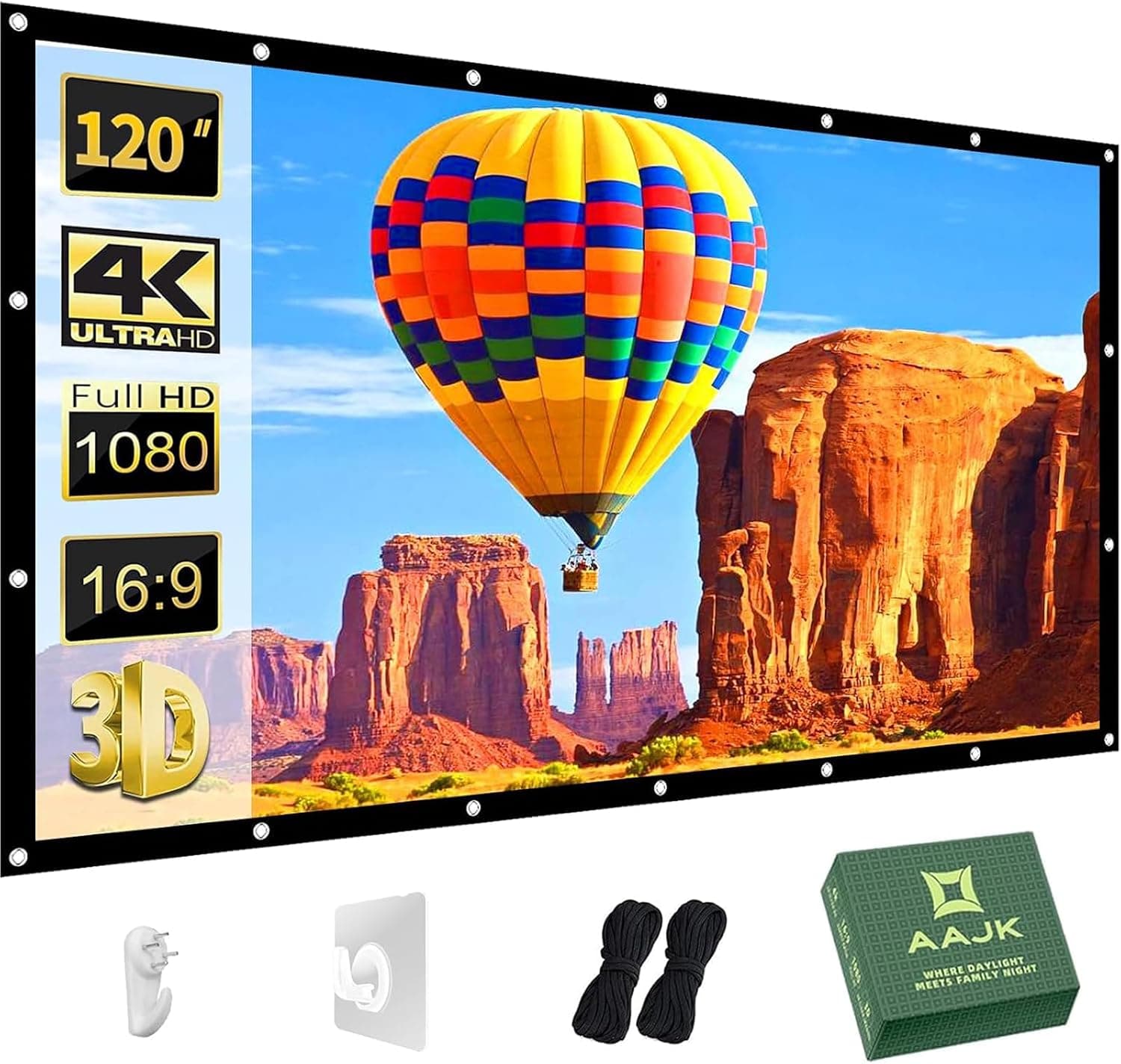 AAJK Pantalla de proyector para exteriores de 120 pulgadas, pantalla de película portátil antiarrugas | Pantalla de proyección para exteriores, lavable, 16:9, plegable, cine en casa para interiores y exteriores, compatible con pantalla de proyección de doble cara