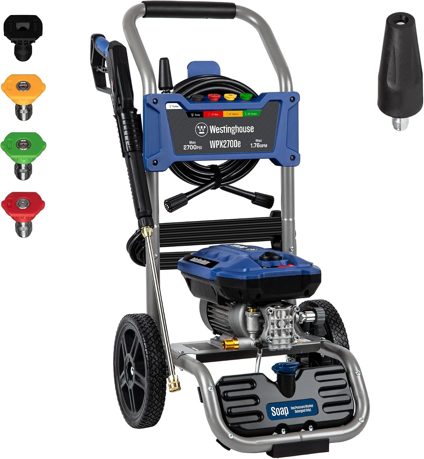 Westinghouse WPX2700e Lavadora a presión eléctrica, 2700 PSI máx. y 1,76 GPM máx., motor de inducción, tanque de jabón a bordo, pistola rociadora y varilla, juego de 5 boquillas, para automóviles/cercas/entradas/casas/patios/muebles
