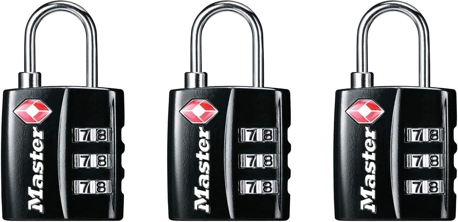 Master Lock Candado para equipaje aprobado por la TSA Candado para mochila negro, paquete de 3 4680BLKEC3 | Candado de equipaje aceptado por la TSA para maletas, mochilas, bolsas de viaje, seguridad aeroportuaria, latón, grillete de acero de 7/8 de pulgada de largo