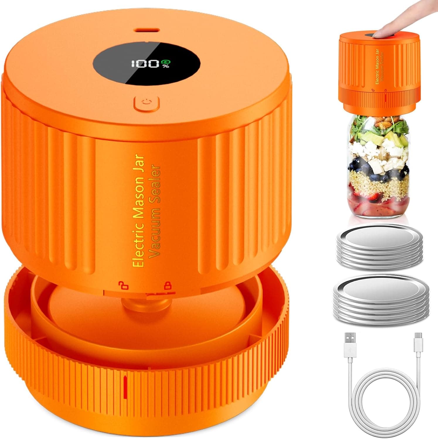 LOVE MOMENT Electric Mason Jar Vacuum Sealer Kit - Orange | for Wide Mouth and Regular Mouth Mason Jar