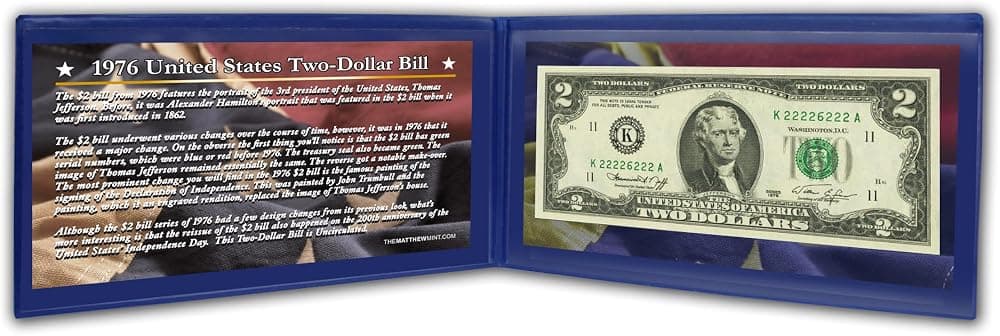 The Matthew Mint 1976 Bicentennial, Uncirculated, US Currency Display | ¡Billete de dos dólares real Y NÍTIDO!