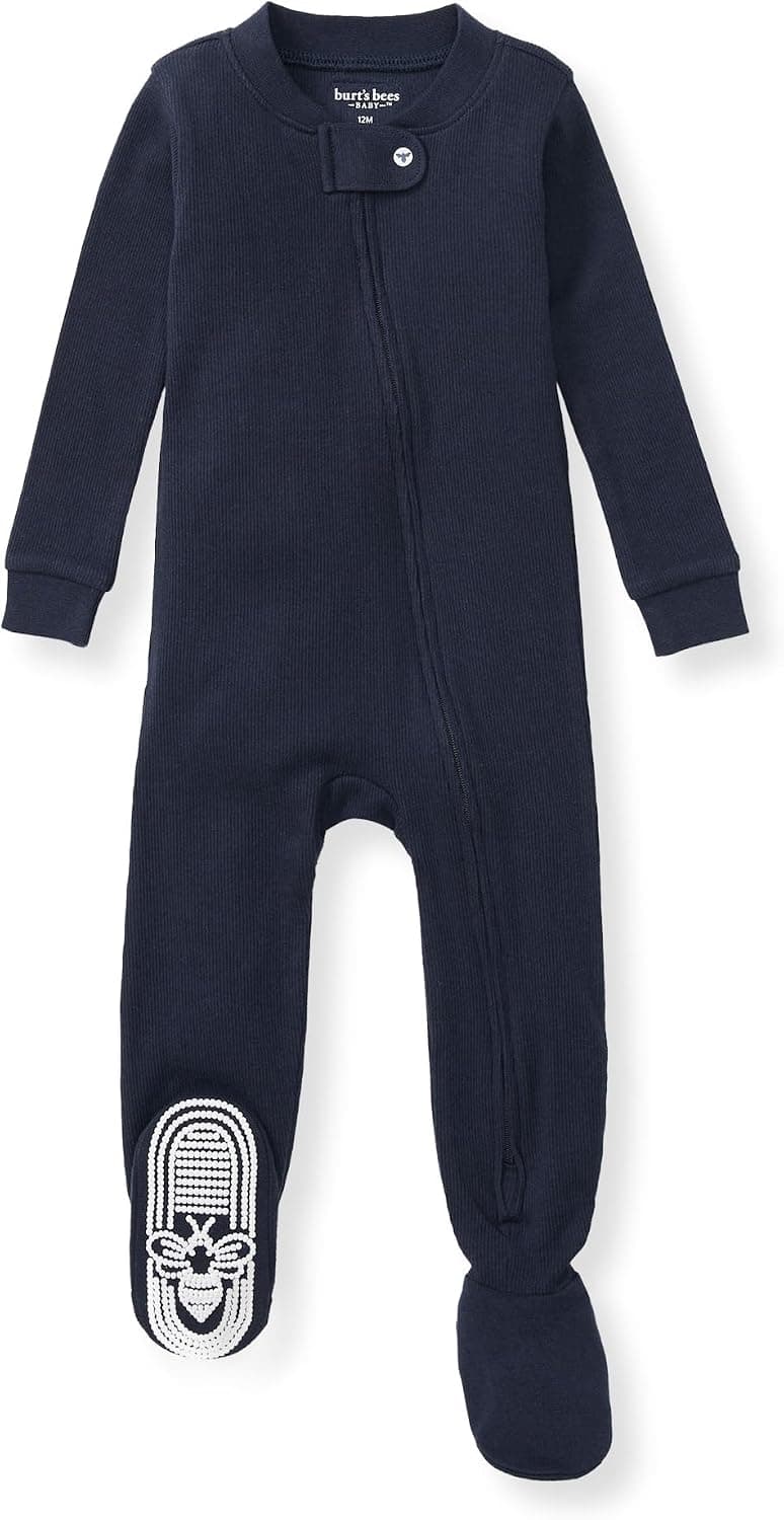 Burt's Bees Pijamas para dormir con pies de ajuste ceñido y algodón orgánico para bebés niños | Práctico pijama para dormir con cremallera frontal de 2 vías y agarres antideslizantes para los pequeños activos en movimiento.