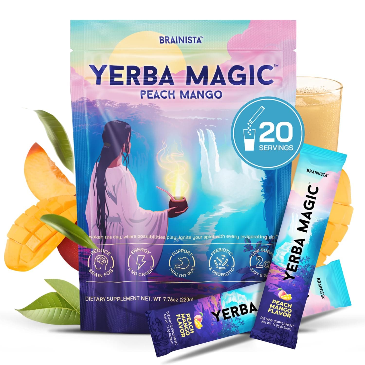 Palitos de té de yerba mate, paquetes de té instantáneo, melena de león, mango de melocotón, 20 unidades | Sticks 5 en 1 con yerba mate, melena de león, L-teanina, prebióticos, probióticos, salud intestinal mientras viaja, bebida energética en polvo
