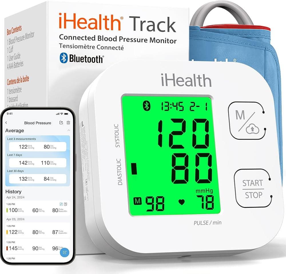 monitor de presión arterial iHealth Track Smart Upper Arm con manguito de amplio alcance | Monitor Bluetooth BP para brazos de adultos estándar a grandes, compatible con iOS y Android