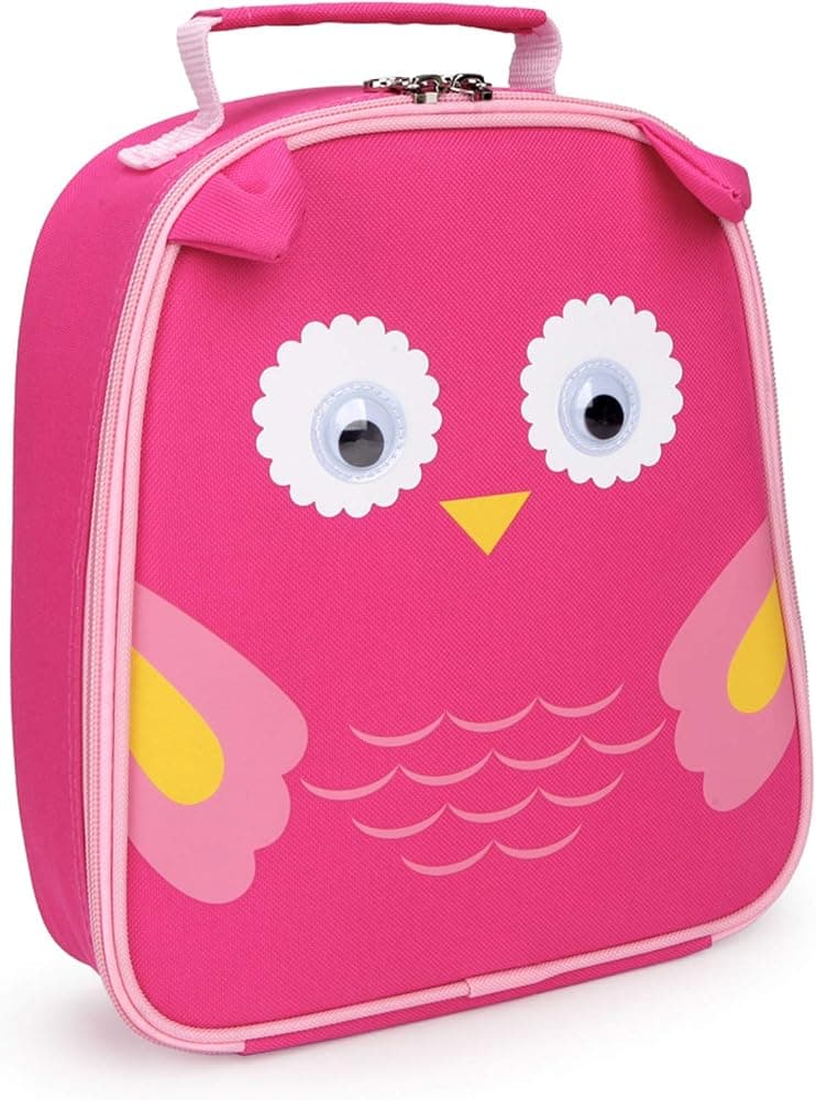 yodo Bolsa de almuerzo aislada para niños con etiqueta para nombre, búho