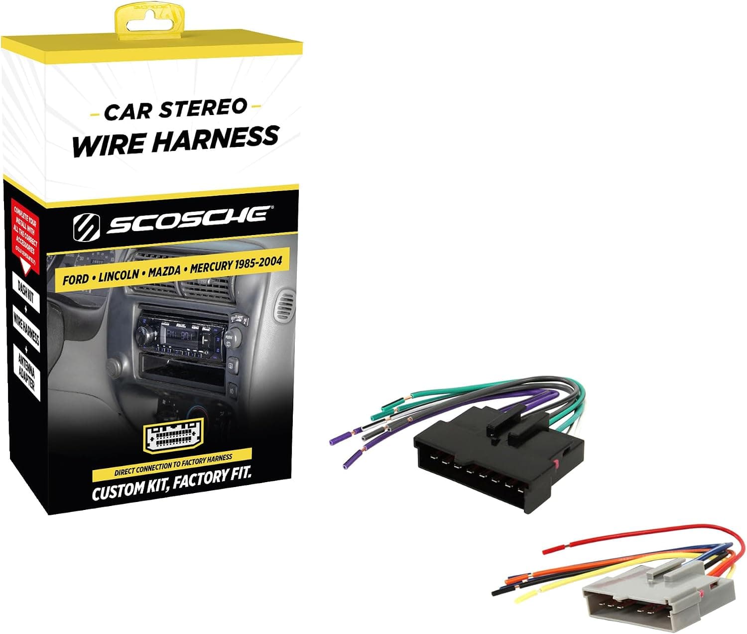 Scosche FD02B Arnés de cableado estéreo compatible con vehículos Ford, Lincoln, Mazda, Mercury y Nissan selectos no amplificados 1985-2004 - Arnés estéreo para automóvil - Verifique la lista de vehículos en imágenes para su modelo