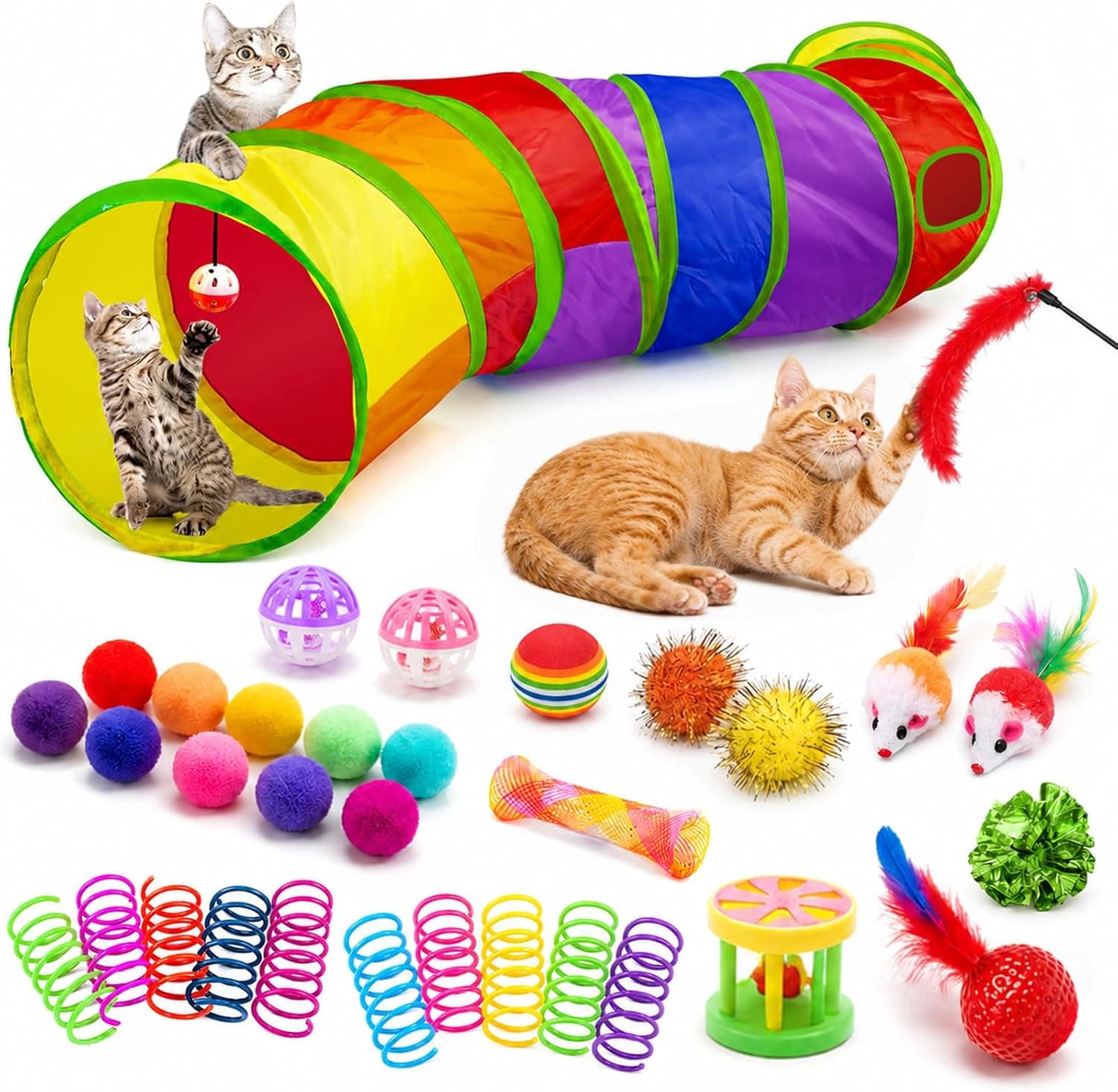 AILUKI 33PCS Cat Toys Variety Pack for Indoor Cats, Kitten Toys Cat Tunnel | Kitten Toys for Indoor Kittens Cat Toy Bundle Set with Feather Teaser Wand, Springs Balls Bell Mice & Interactive Cat Toys