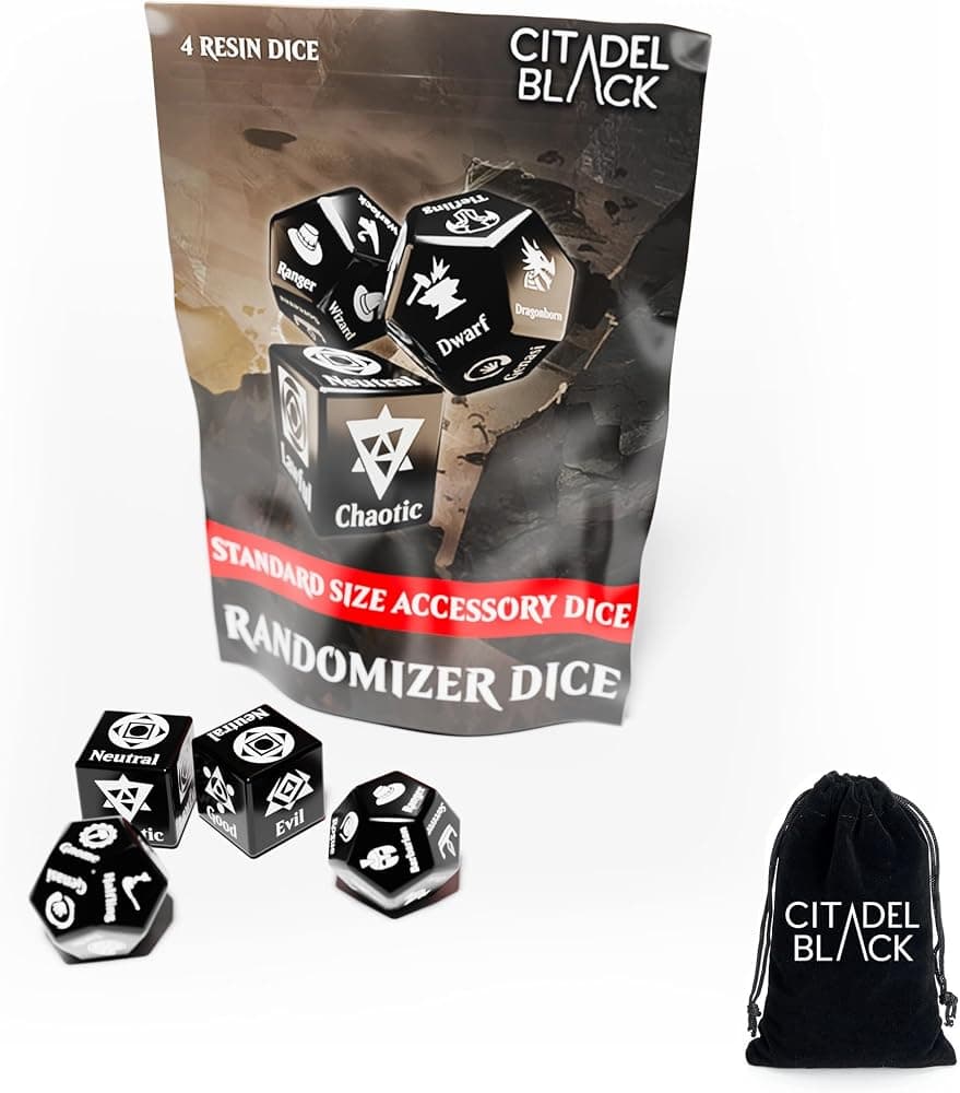 Juego de dados aleatorios de personajes Citadel Black: aleatoriza clase, raza y alineación para personajes o NPC, hecho para mazmorras y dragones, quinta edición y otros juegos de rol de mesa