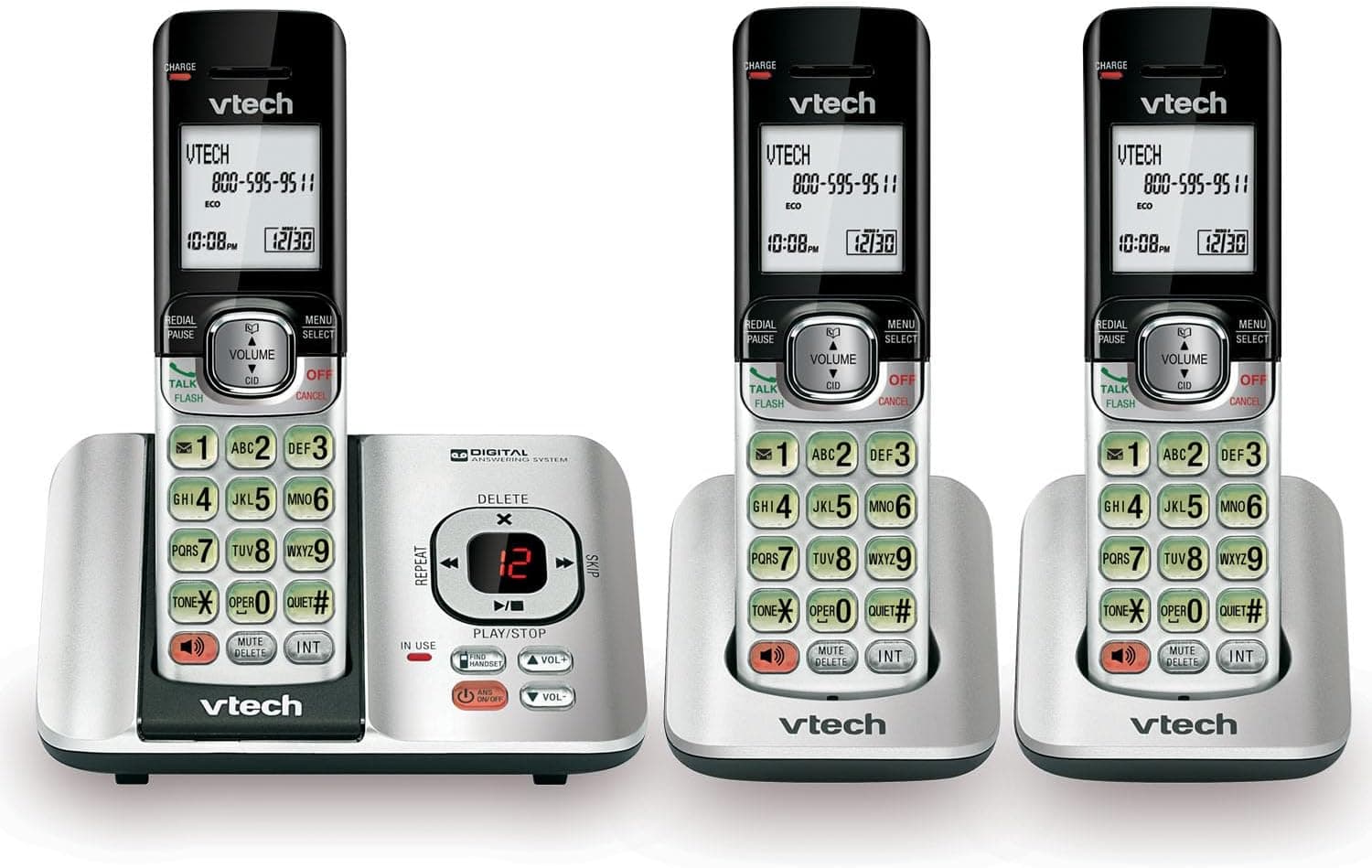 VTech CS6529-3 Teléfono inalámbrico de 3 auriculares con contestador automático, identificador de llamadas/llamada en espera, DECT 6.0, altavoz, montaje en pared (plateado/negro)