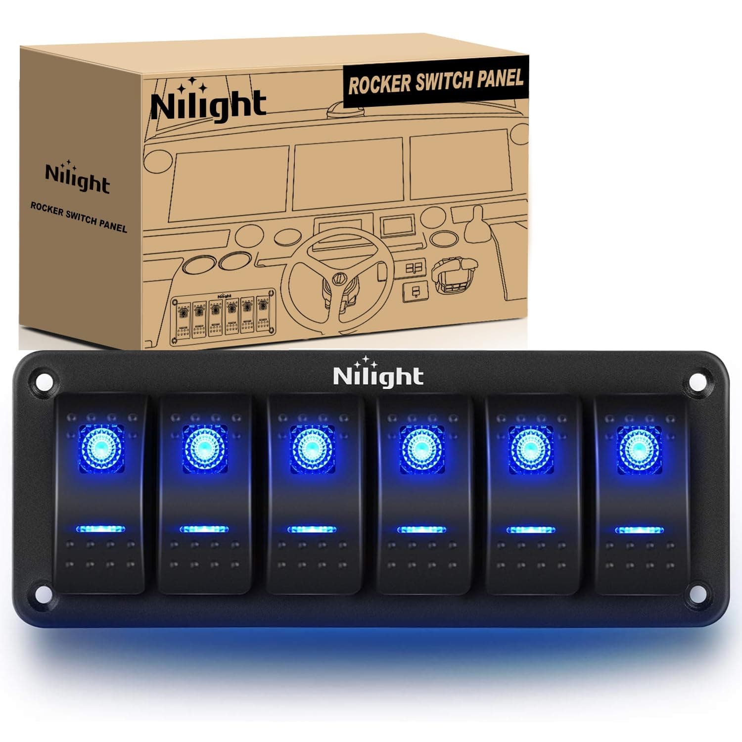 Interruptor de balancín de aluminio de 6 bandas Nilight-90111F Panel de alternancia Dash de 5 pines encendido/apagado Interruptor de balancín precableado Interruptor retroiluminado azul para vehículo recreativo marino de automóviles, 2 años de garantía