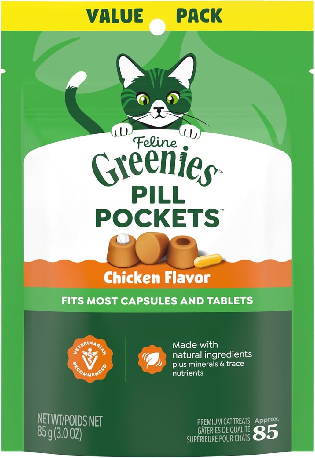 Greenies Feline Pill Pockets golosinas suaves para gatos, sabor a pollo, 85 unidades | El bolsillo moldeable #1 recomendado por veterinarios esconde píldoras y cápsulas, sin sabores ni conservantes artificiales, ingredientes reales.
