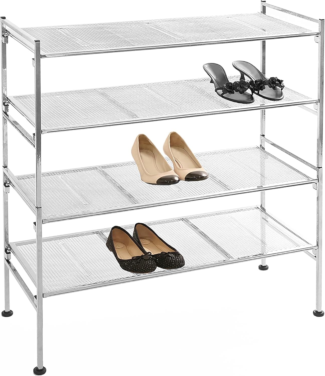 Sevilla Classics Estante de almacenamiento independiente y resistente para dormitorio, armario, entrada, organizador de habitación, zapatero de metal duradero apilable, malla plateada, 4 niveles
