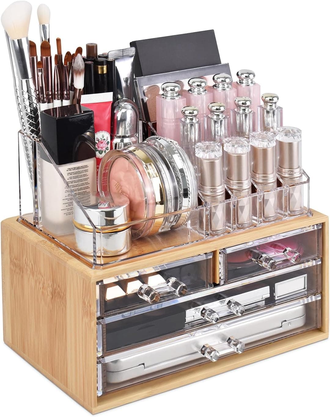 Organizador de brillo de labios y cosméticos de maquillaje Baboom transparente acrílico de Ikee Design | 4 cajones con soportes superiores extraíbles para lápiz labial para el cuidado de la piel, brillo labial para tocador o encimera de baño, Baboom