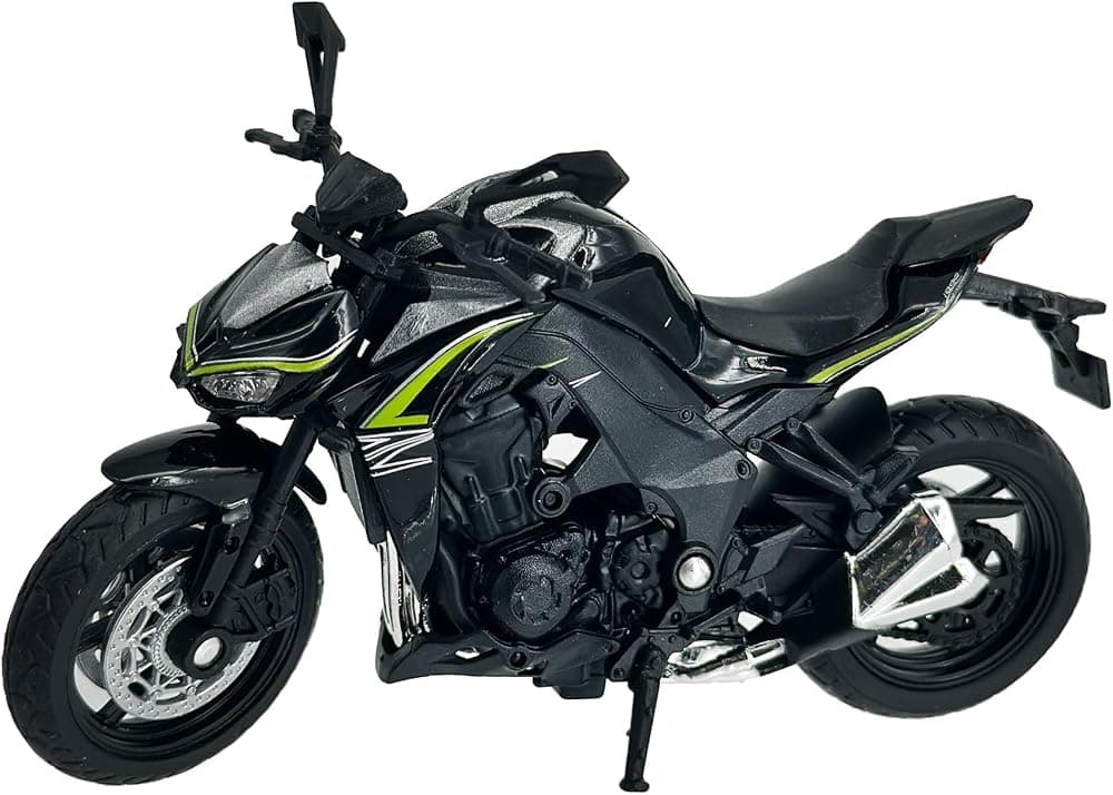 Réplica de bicicleta de calle Kawasaki Z1000R 2017, negra, escala 1:18 | Modelo de metal con licencia oficial con neumáticos de goma giratorios, dirección ajustable y soporte funcional.