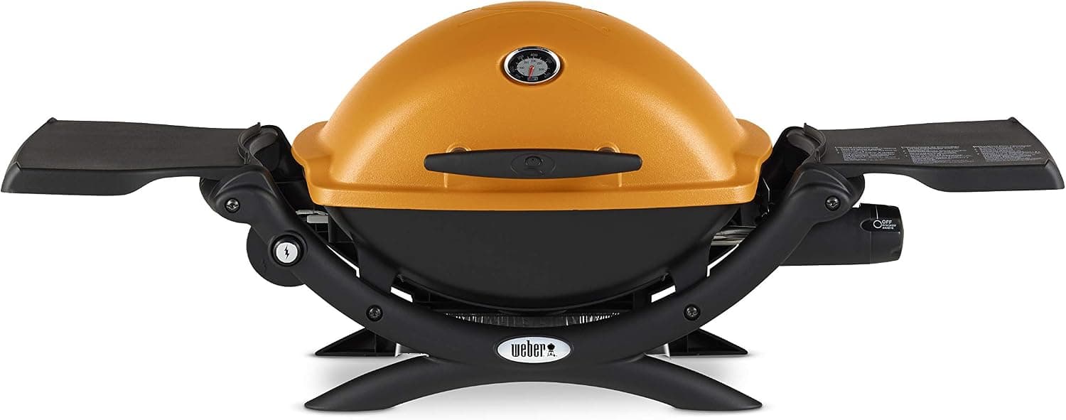 Weber® Q 1200 Parrilla de gas portátil, Parrilla de propano para cocinar al aire libre, Naranja | Quemador de 8, 500 BTU, encendido electrónico, parrillas de hierro fundido.