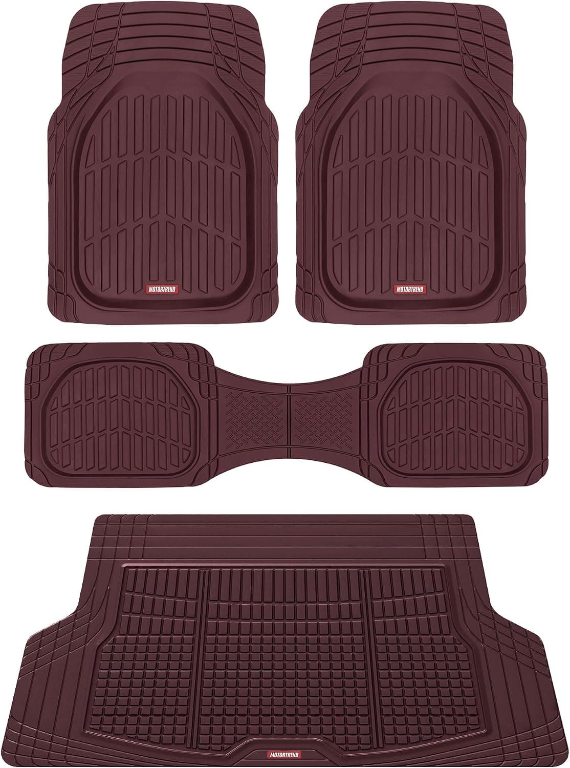 Motor Trend FlexTough Contour Liners Deep Dish 3 alfombrillas de goma para piso y alfombrilla de carga recortable para maletero – Alfombrillas de coche resistentes para todo tipo de clima con agarres de tracción, accesorios para coche (Borgoña)