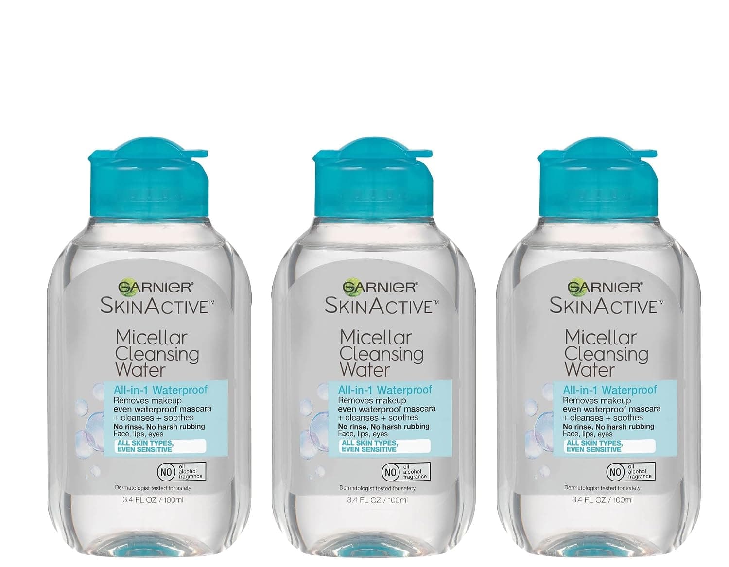 Garnier SkinActive Agua limpiadora micelar, desmaquillante y limpiador facial todo en 1, resistente al agua, 3.4 onzas líquidas, paquete de 3