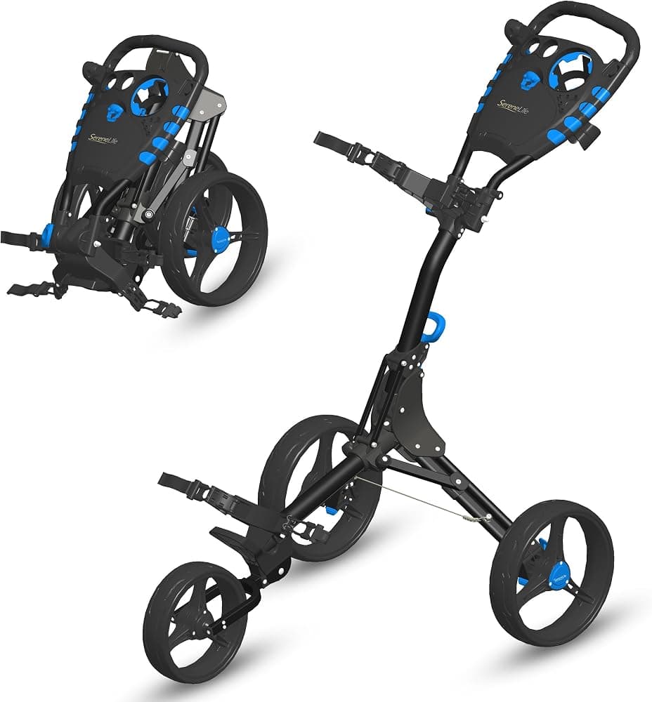 Carro de empuje de golf de 3 ruedas SereneLife, plegado rápido, asa ajustable | Asas de diseño de 3 ruedas de balanceo suave, césped áspero y terreno desigual con facilidad