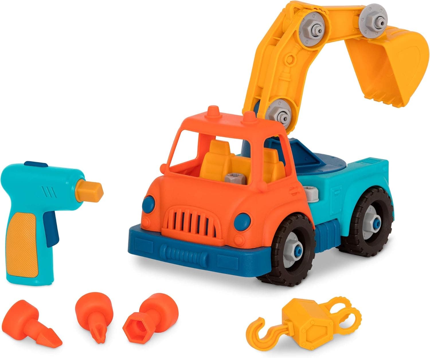 Battat Wonder Wheels Camión grúa con taladro de juguete, 31 piezas, vehículos, Take | Camión grúa de 31 piezas con taladro de juguete, 3 brocas, tuercas y pernos, accesorios de gancho y pala, piezas móviles, vehículos, 3+ años