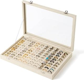 Frebeauty 100 Slots Ring Organizer Tray,Velvet Ring Box with Clear Lid | Velvet Lining Provides Protection,Fits Rings of Various Sizes,Glass Lid Jewelry Tray,for Personal Use and Ring Display