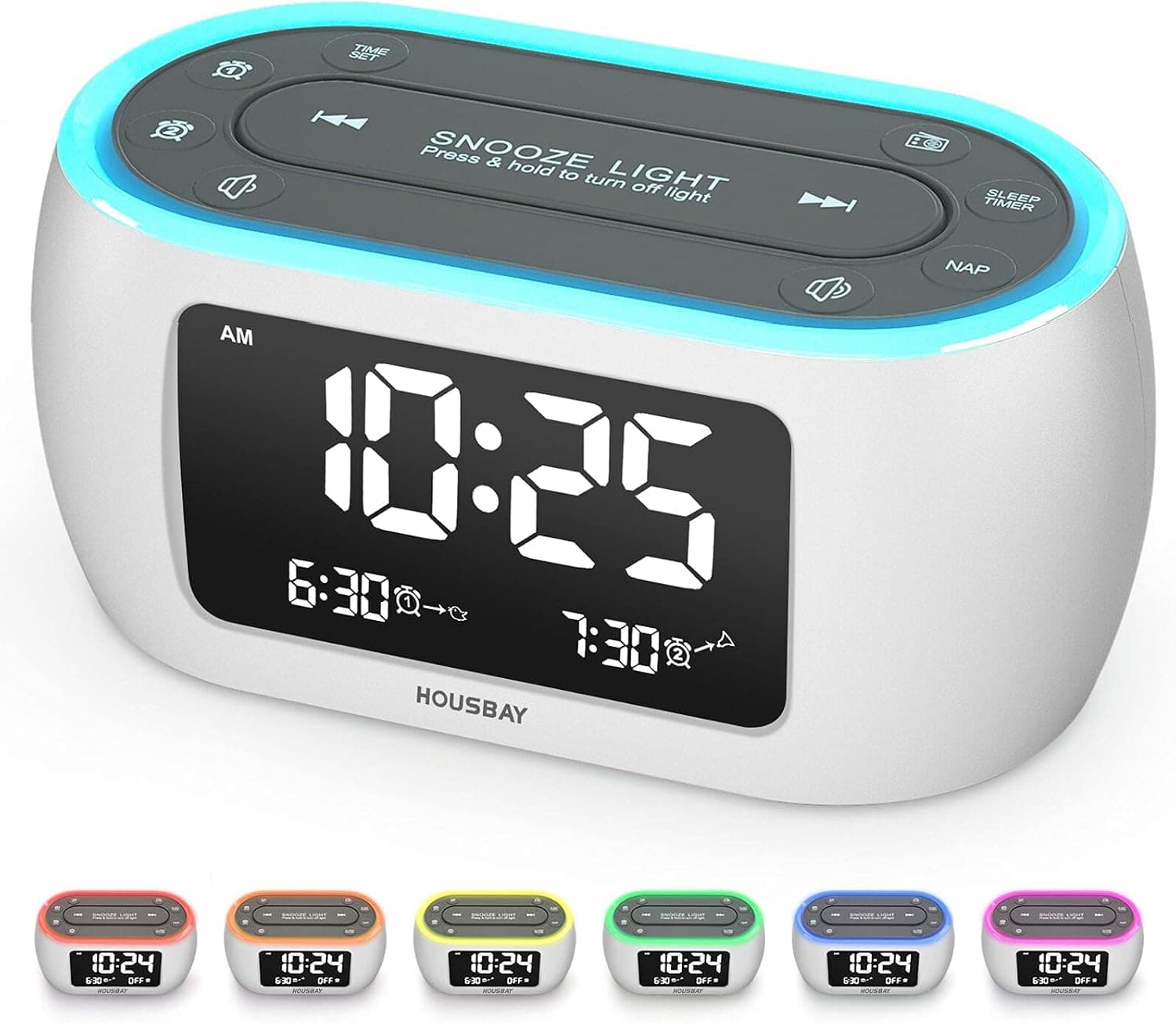 HOUSBAY Glow Small Alarm Clock Radio for Bedrooms with 7 Color Night Light, Dual Alarm, Dimmer, USB Charger, Battery Backup, Nap Timer, FM Radio with Auto-Off Timer for Bedside(White)